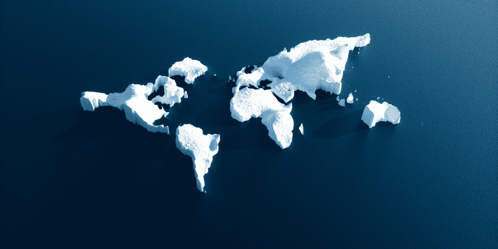 Mapa do mundo estilizado representa a relação global entre mudanças climáticas e poluição do ar.